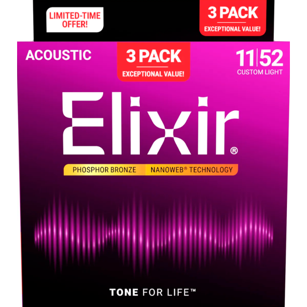 Elixir Nanoweb Acoustic Phosphor Bronze 16568 3 Pack Custom Light 11-52